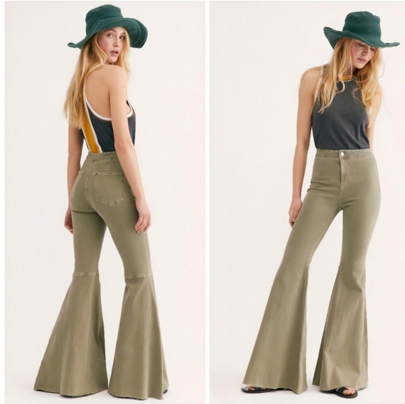 Free People Waist 29" Extreme Flared Bootcut Olive Clear Green Rise 11" in Retro - Picture 1 of 10